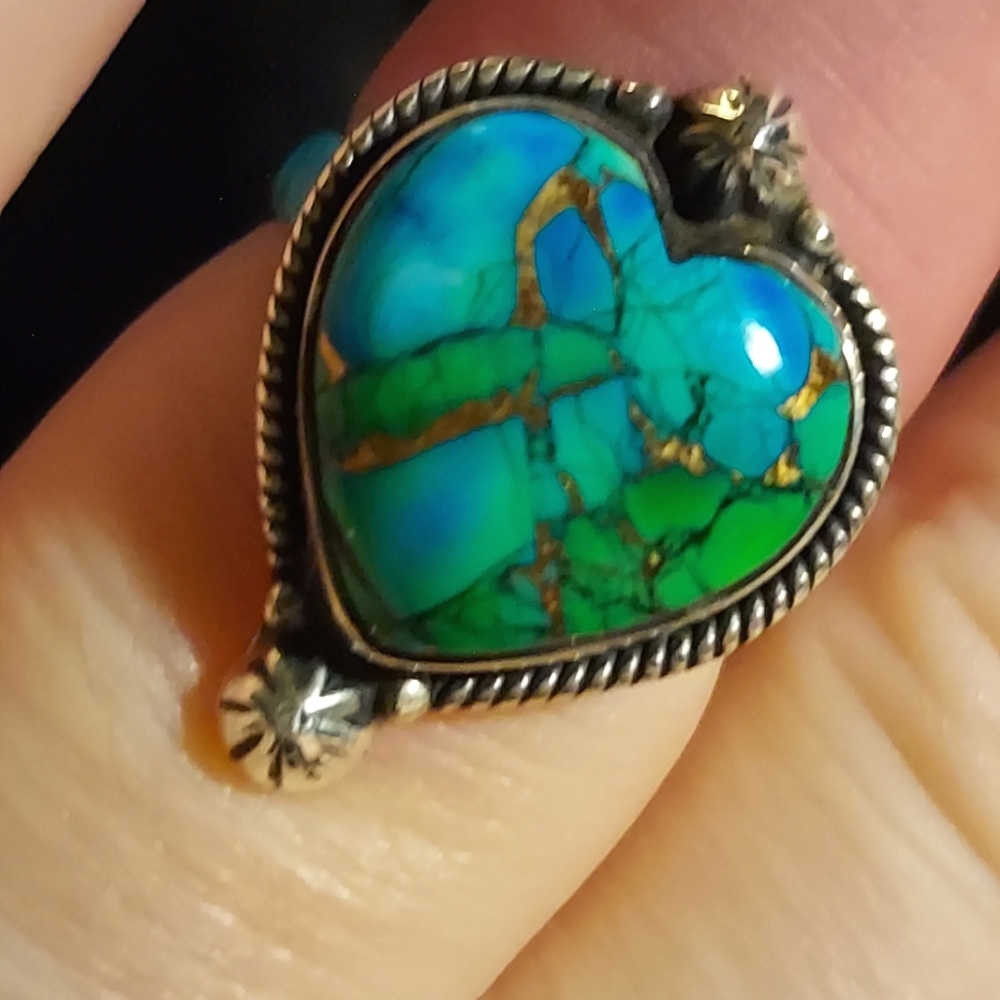 Kingman Peacock Dalia Heart Ring with Star Shots Sterling Silver Size 8